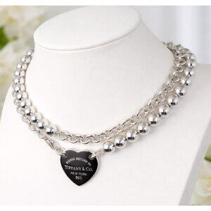 Please Return to Tiffany Heart Tag Wrap Double Bead Link Necklace in 925 Silver